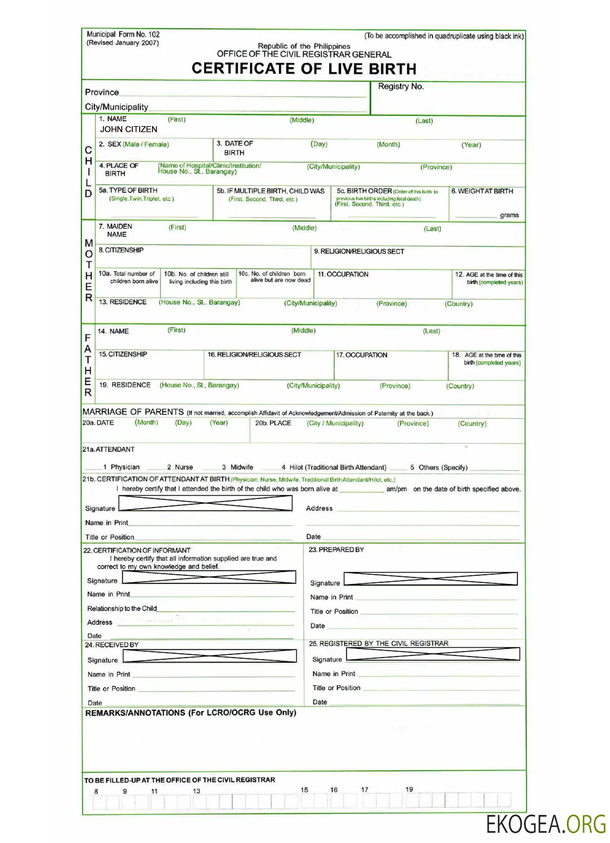 Certificat de naissance vivante des Philippines